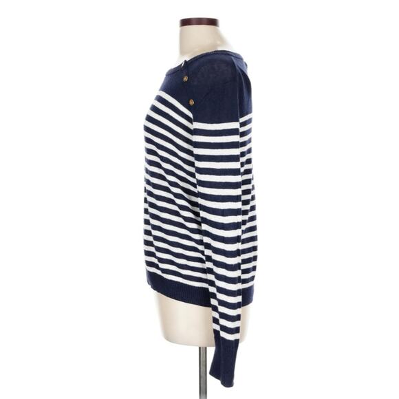 J.Crew Nautical Stripe Pullover Sweater Large Linen Cotton Classic Knit Buttons - Picture 5 of 12